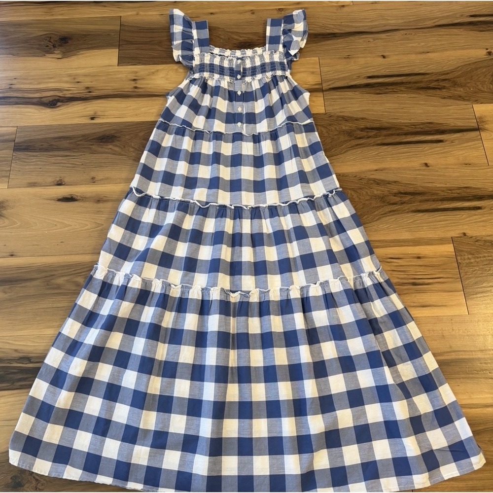 Old Navy Blue Gingham Maxi Dress Women Medium Smocked Flutter Sleeve Cottagecore - Picture 2 of 9